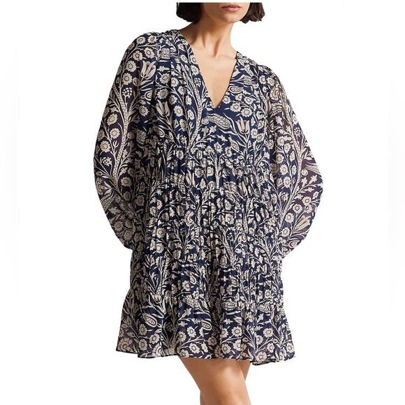Ted Baker Tarrissa TieredSwing Mini Blue and Tan Long Sleeves Dress Size 2